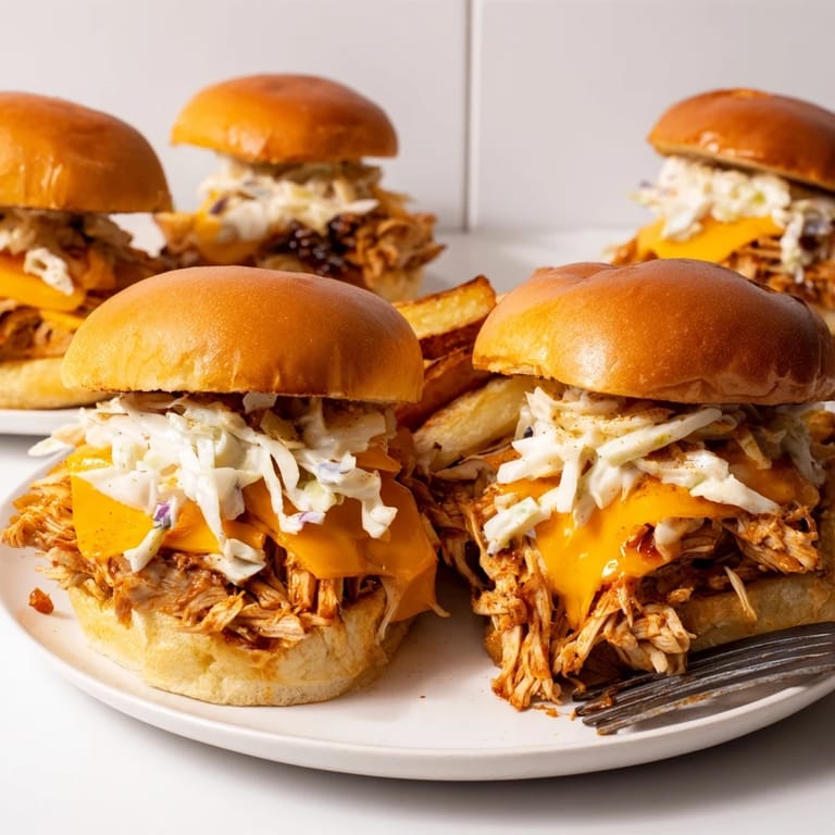Tender shredded BBQ Chicken Sliders with melted cheese, accompanied by seasoned crispy fries.