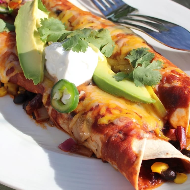 Colorful Farmers Market Vegetarian Enchiladas drizzled with homemade sauce, perfect for sharing.