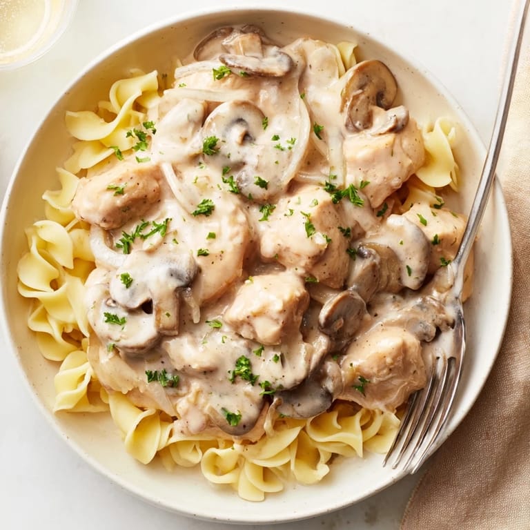 Hearty Creamy Chicken Stroganoff with golden chicken strips in a luscious sauce.