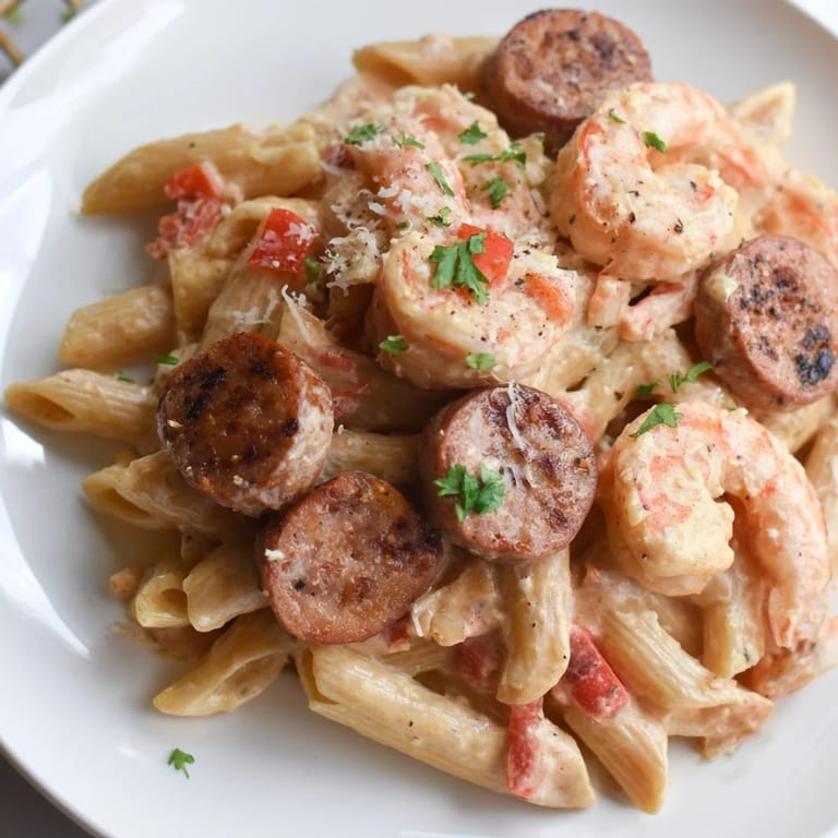 Savory Cajun Sausage & Shrimp Alfredo Pasta Skillet, perfect for quick weeknight dinners.