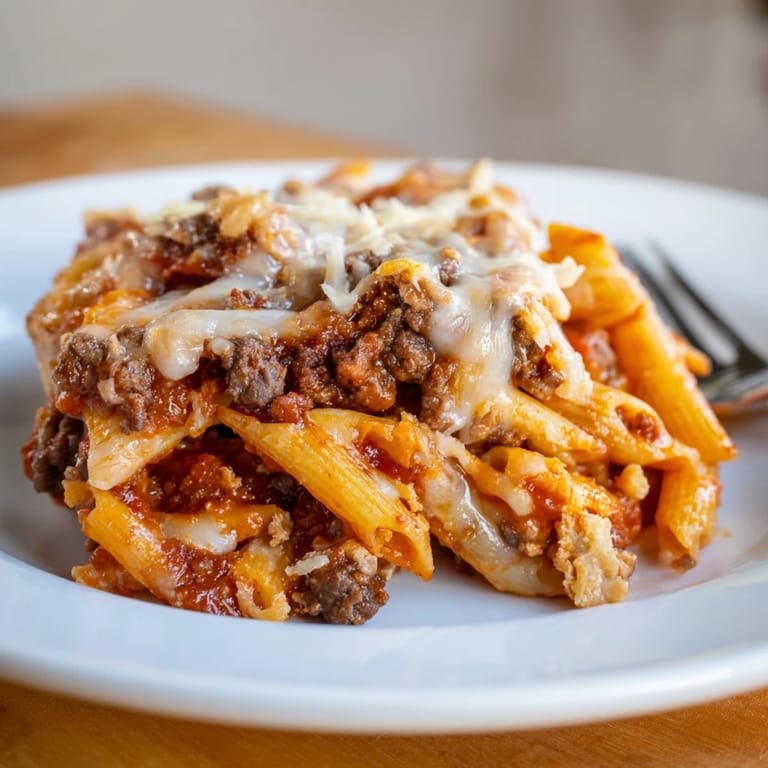 Golden melted cheese over savory Cheesy Beef & Penne Bake, perfect for potlucks.  