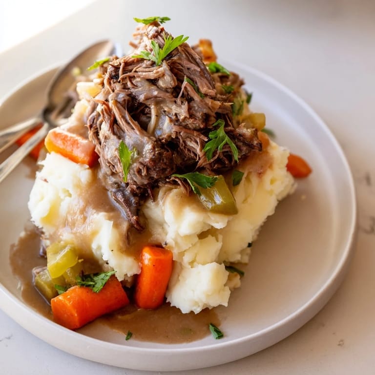 Mouthwatering Slow Cooker Pot Roast garnished with fresh parsley and rich gravy, satisfying delight.  