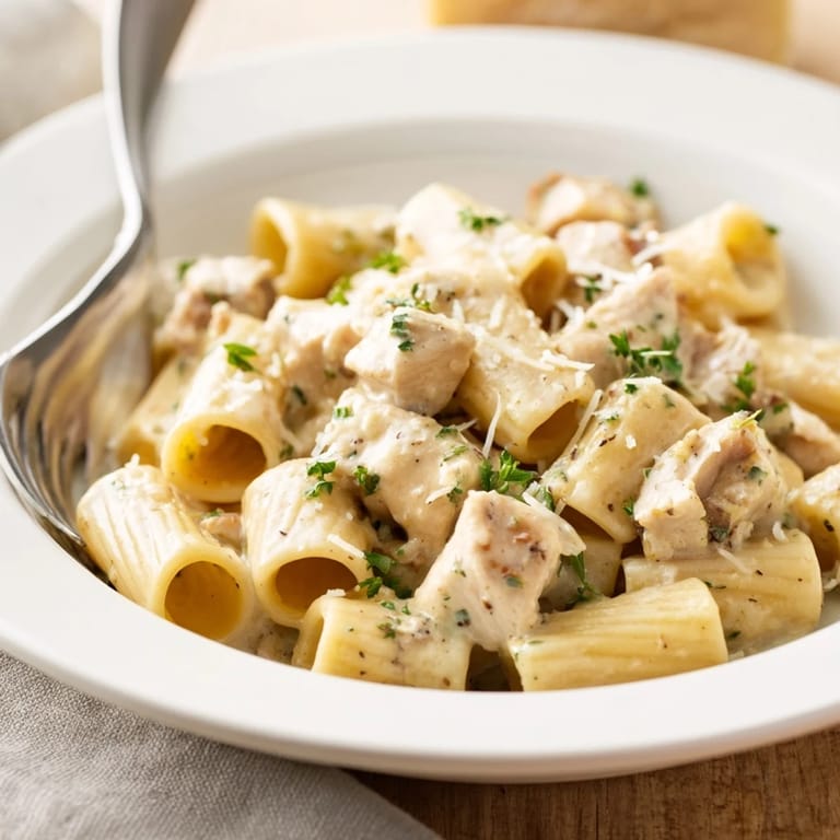 Indulgent Creamy Garlic Parmesan Chicken Rigatoni, perfect for cozy weeknight dinners or entertaining.