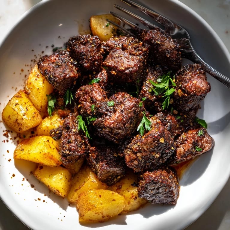 Sizzling blackened Cajun steak bites with vibrant seasoning, served alongside fresh fries.  