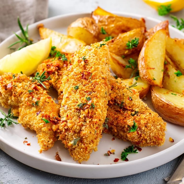 Delicious herbed chicken tenders alongside golden-brown potato wedges for family dinner.
