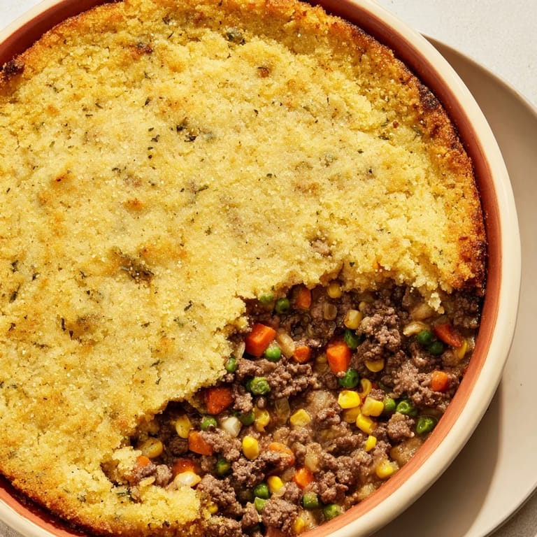 Warm, homemade Cornbread Crusted Beef Pie, ready to be cut and served for a hearty meal.