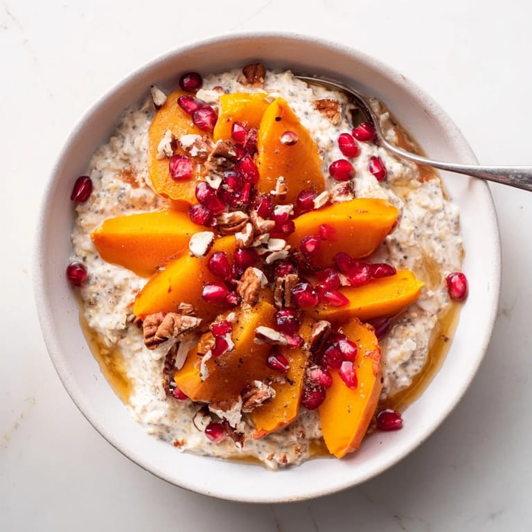 Vibrant image of Overnight Oats featuring persimmon slices, juicy pomegranate, and chia seeds for a healthy meal.