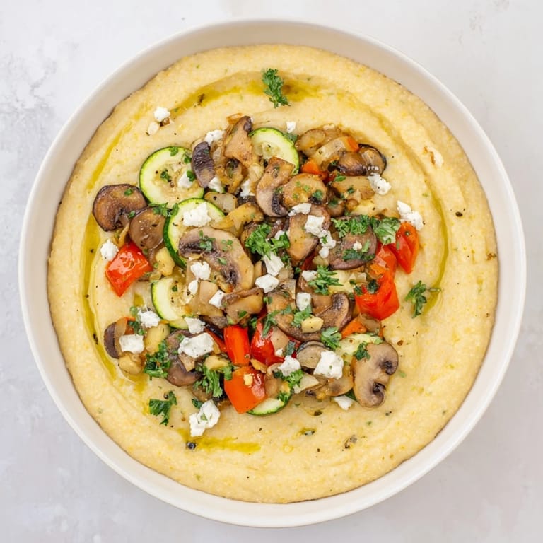 A close-up of delicious Cornmeal Mush Polenta Bowls garnished with fresh herbs and a fried egg.