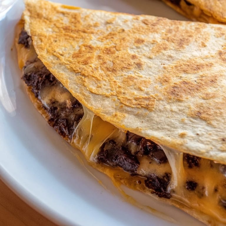 Perfect for a quick meal: a close-up of cheesy Bean & Cheese Quesadillas, warm and delicious with a golden crust.