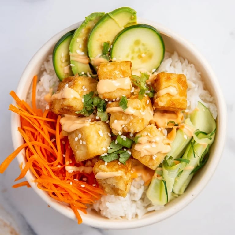 Imagine the texture: crispy chili-mayo baked tofu nestled on rice, a visually appealing complete meal.