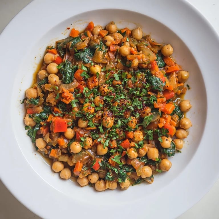 Vibrant shot of a steaming Vegetarian Chickpea & Spinach Skillet, showcasing tender spinach and juicy tomatoes.