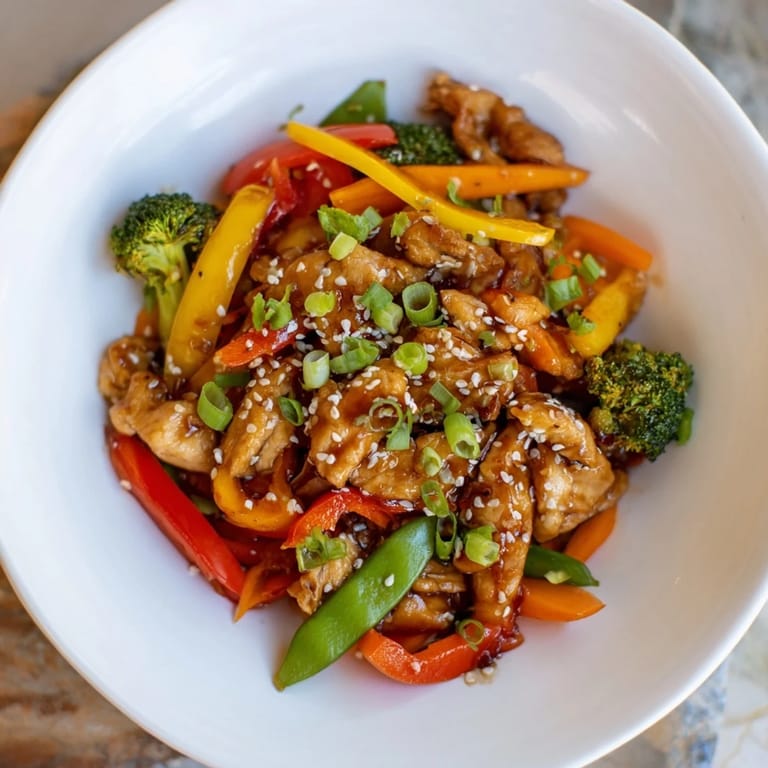 Savory Chicken Stir-Fry with Vegetables and Rice, with a rich sauce coating tender chicken and veggies.