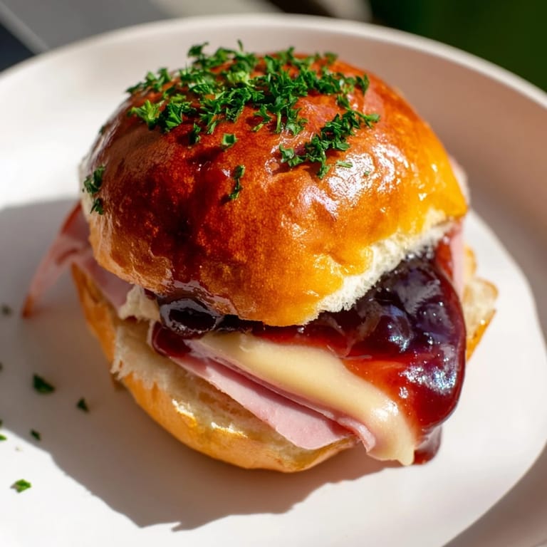 Warm, sticky cherry glaze coats the tops of these tempting ham and cheese slider mashup bites.