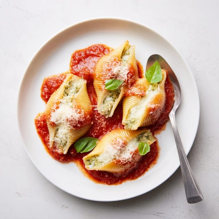 Warm and cheesy pesto and ricotta stuffed shells, with fresh basil garnish, a comforting vegetarian pasta dish.