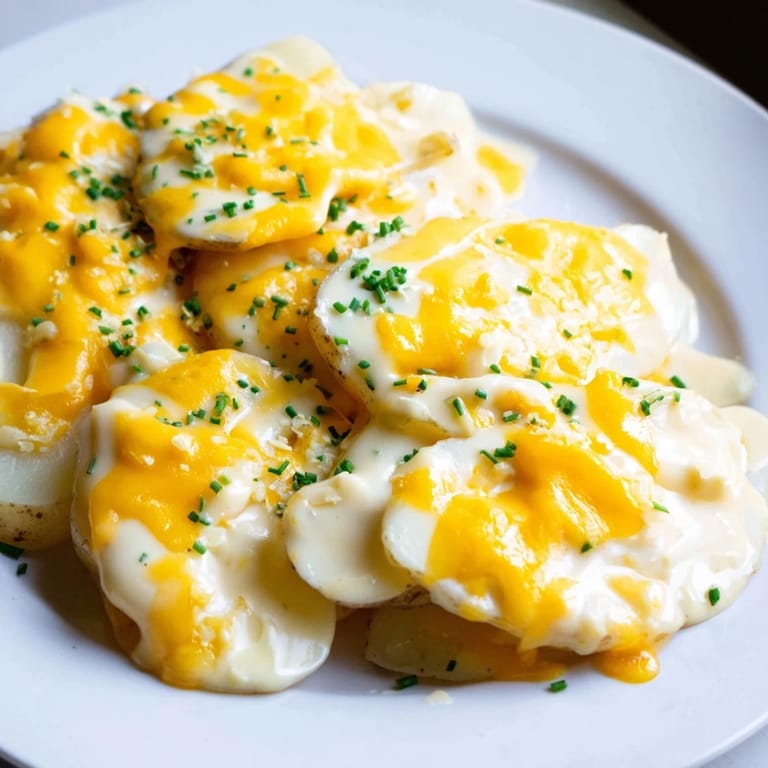 A close-up of baked Cheesy Scalloped Potatoes with melted cheese, a creamy, flavorful dish.
