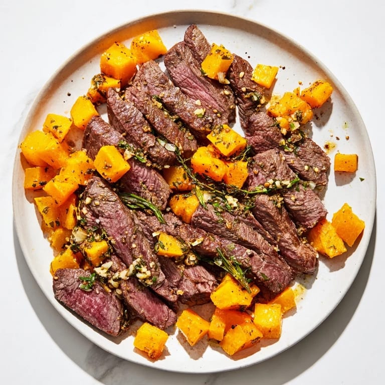 Juicy steak and tender butternut squash, seasoned and seared, create flavorful Butternut Squash & Herb Steak Bowls.