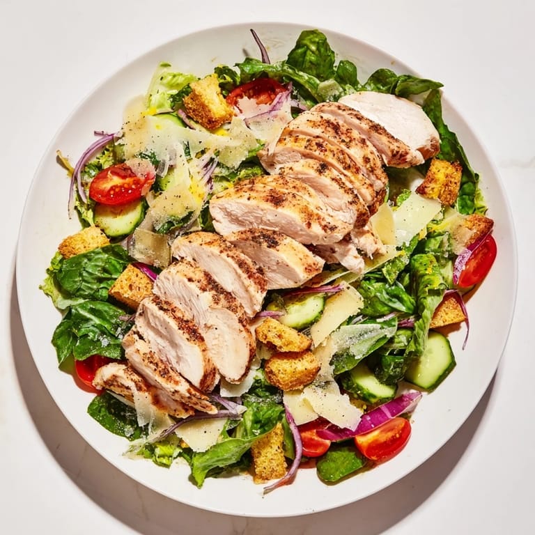 Enjoy a healthy serving of Quick Crunchy Lemon Parmesan Chicken Salad drizzled with flavorful dressing.