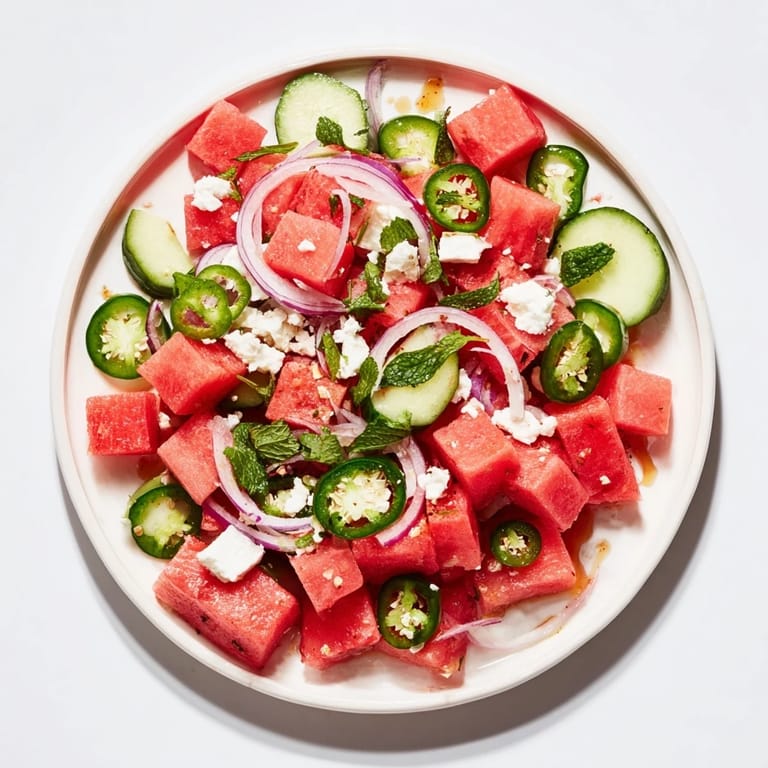 Cool slices of cucumber and watermelon in a lively Hot Girl Salad, perfect summer meal.
