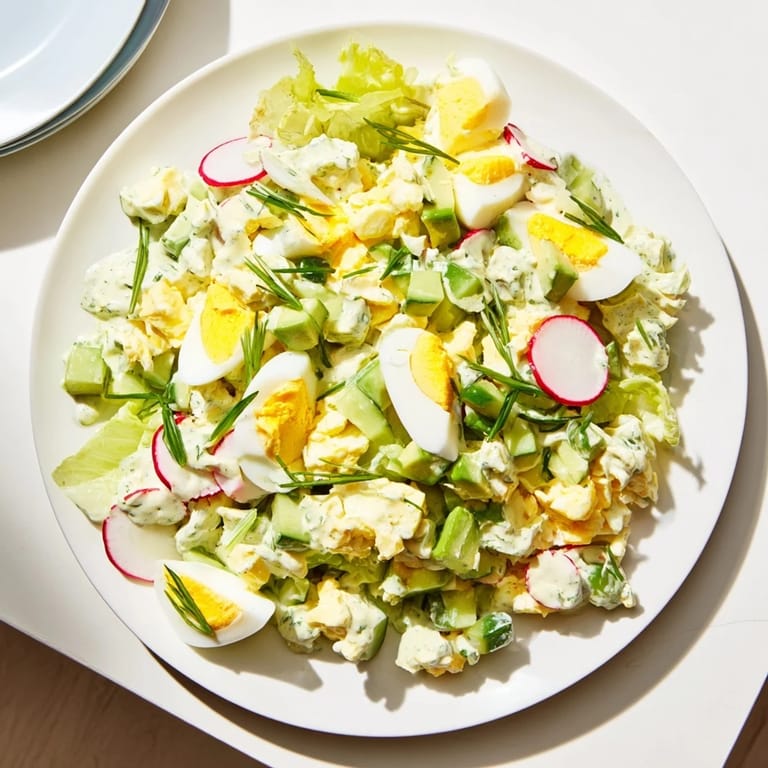 A close-up of a bowl of Green Goddess Chopped Egg Salad, showcasing its bright green colors.