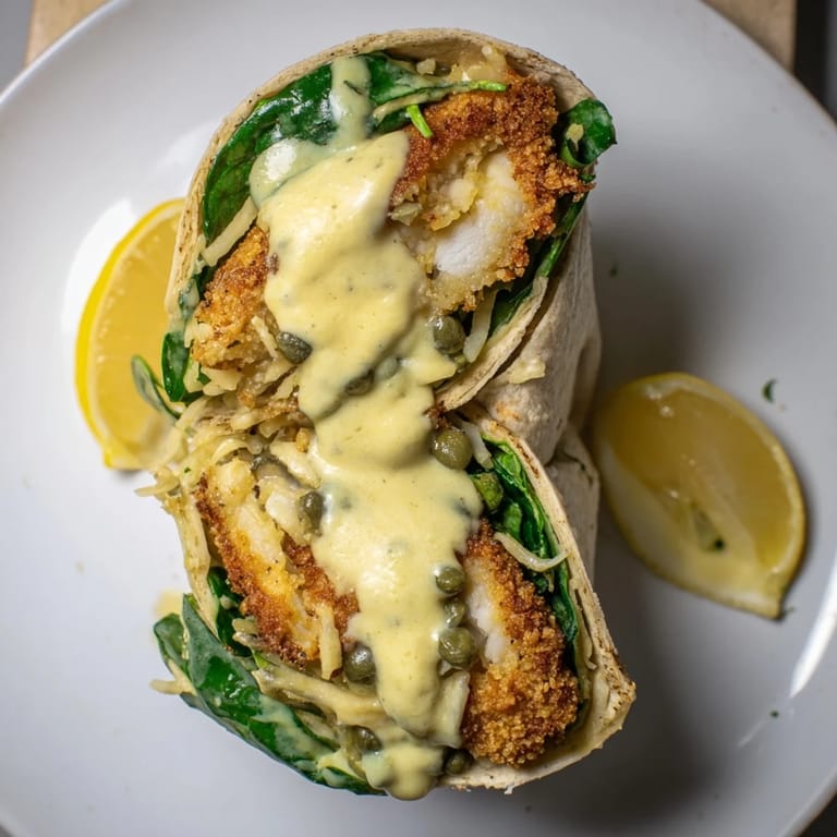 Enjoy the unique textures of this Chicken Piccata Crunch Wrap: crispy wrap, tender chicken, and tangy sauce.