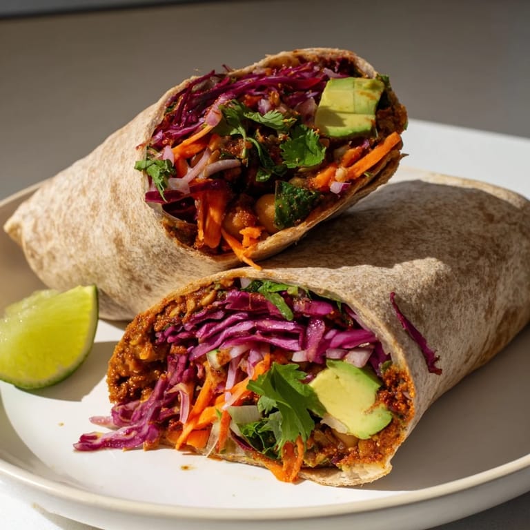 This appetizing BBQ Chickpea & Slaw Wrap features a drizzle of BBQ sauce over whole-wheat tortilla.
