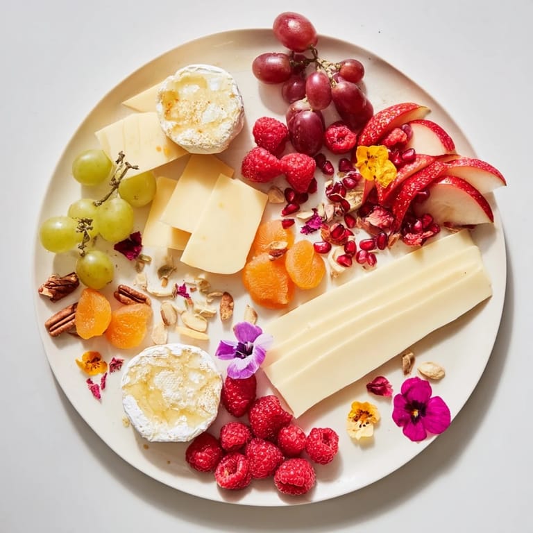 This Rose Garden Romantic Platter sparkles with vibrant fruit, blooms, and artisanal cheeses; ready to enjoy.