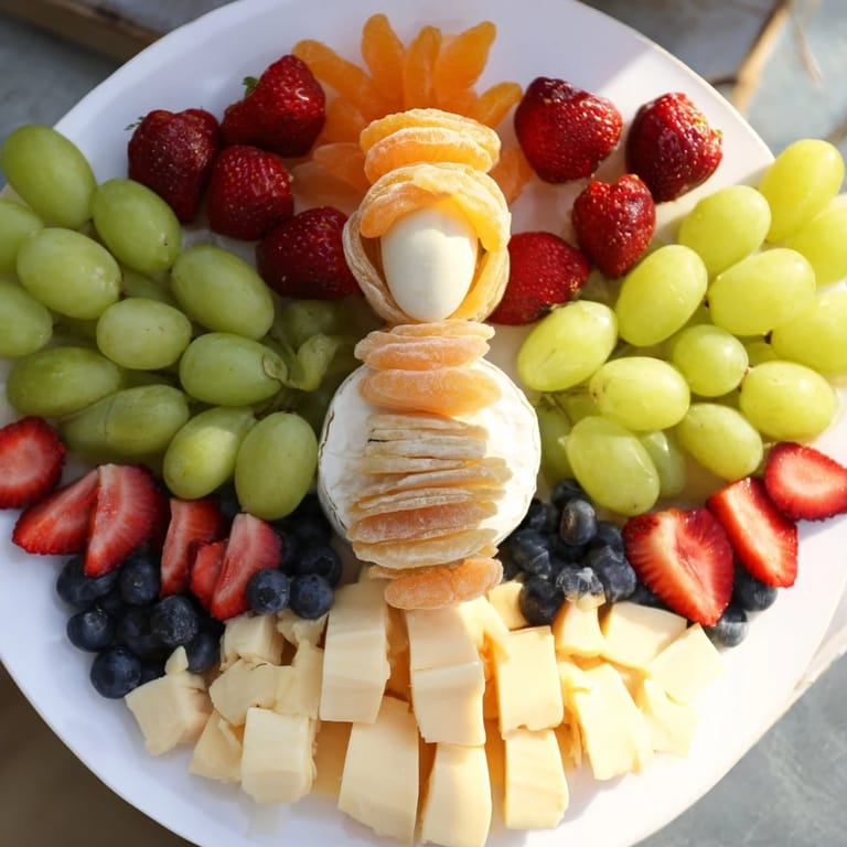This Cherub Angel Snack Tray bursts with color, featuring fresh fruit and cheese arranged beautifully.