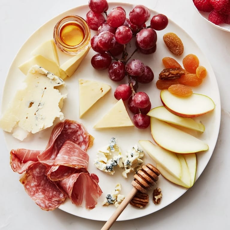 A vibrant Lace & Pearls appetizer board, artfully arranged with various cheeses, fruits, and crackers.