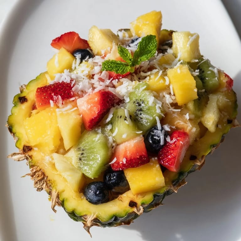 Sweet, chilled Tropical Bliss Pineapple Fruit Boat: a vegan and gluten-free fruit salad, garnished with coconut.