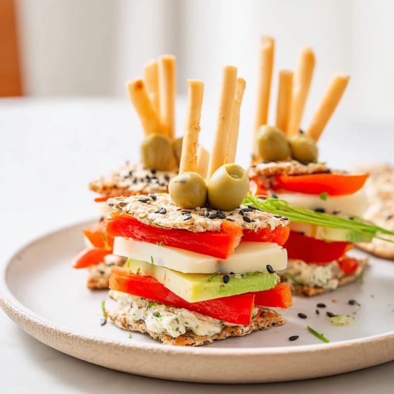 Imagine savory Urban Skyscraper Appetizers: Cracker bases topped with cheese, olives, and colorful garnishes.