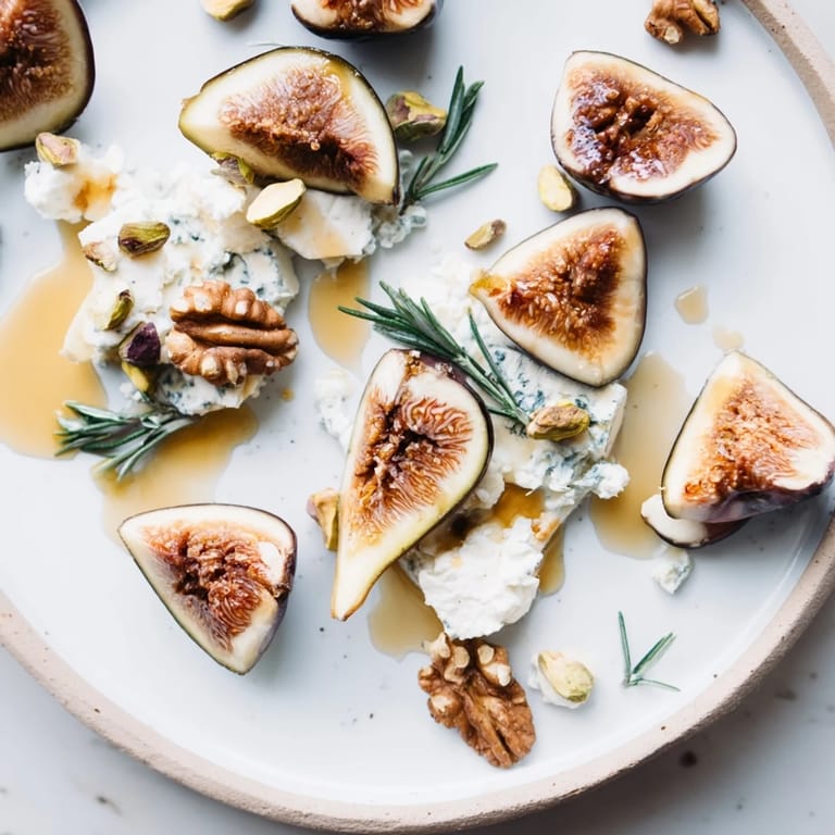 A delicious fig and walnut star board with glistening drizzled maple syrup and fresh rosemary, ready to serve.