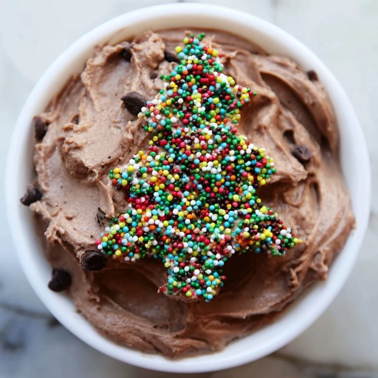 A creamy bowl of Festive Tree Brownie Dip, topped with chocolate chips and festive sprinkles, delicious!