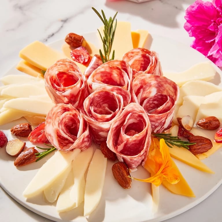A close-up view of the savory Meat and Cheese Rose Garden Board, ready for gathering guests.