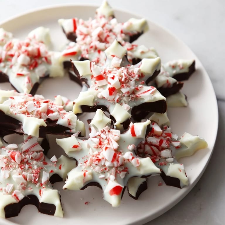 Close-up of freshly made Peppermint Bark Snowflakes, a beautiful, festive holiday dessert.
