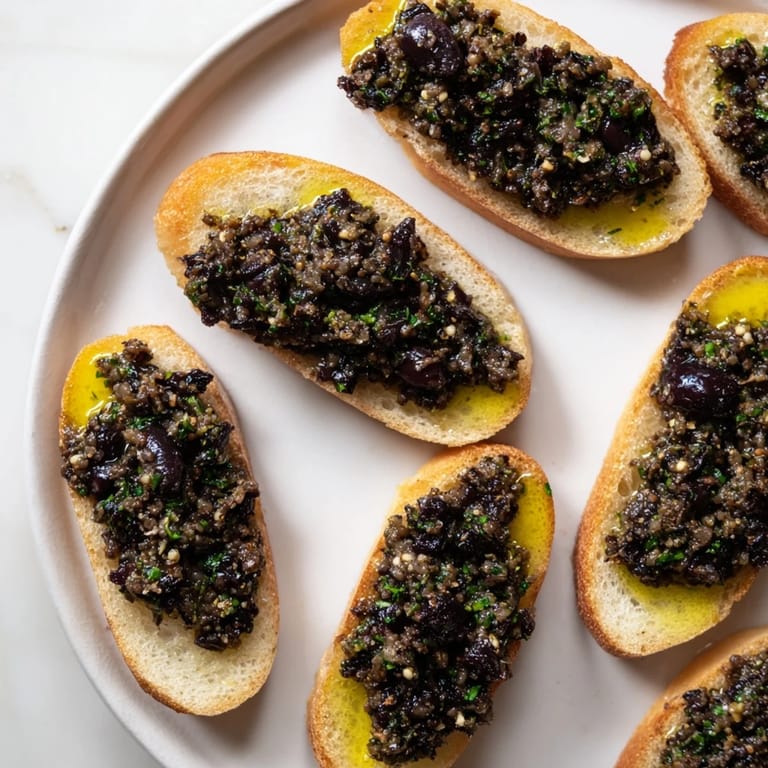 A close-up shot of the savory black olive tapenade, beautifully presented on crispy crostini appetizers.