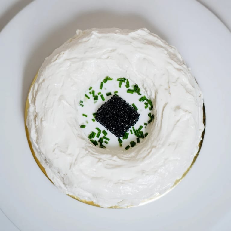 Beautifully arranged The Diamond Inlay appetizer with black caviar and fresh herbs, perfect starter.