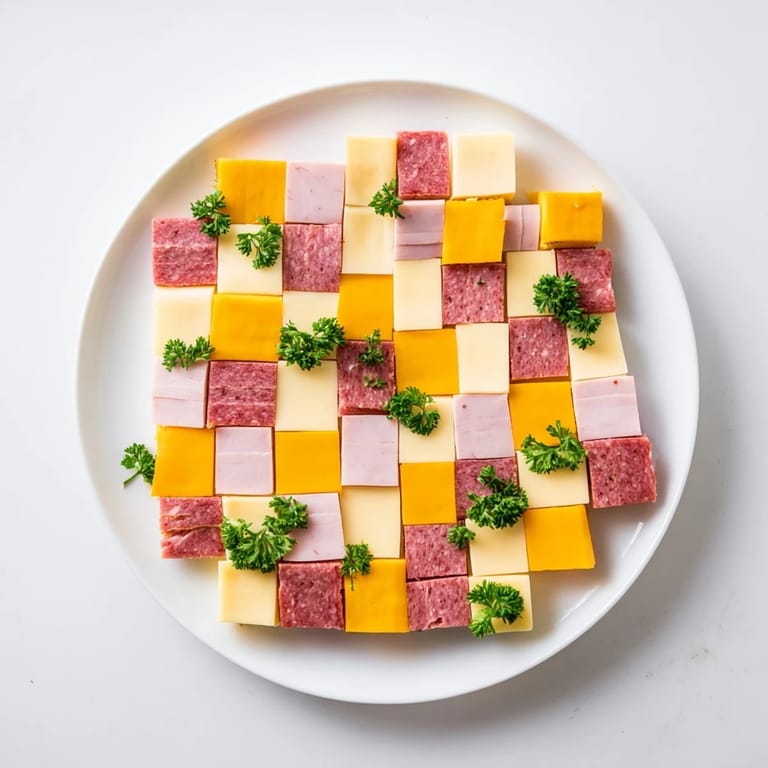 Artistically arranged patchwork quilt appetizer features colorful meats, cheeses, and mustard accents.