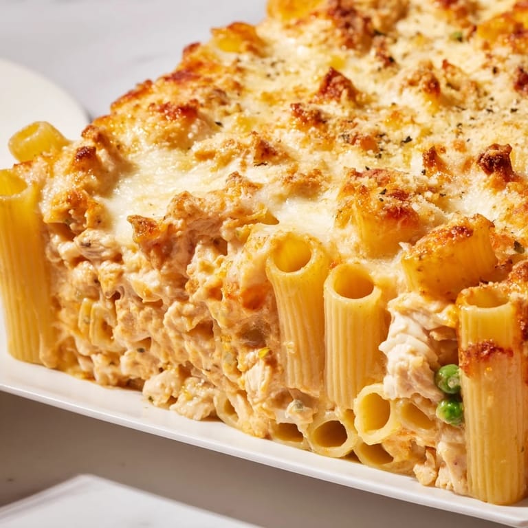 Steaming, cheesy layers of Moist Maker Pasta Casserole, baked until perfectly browned and bubbly.