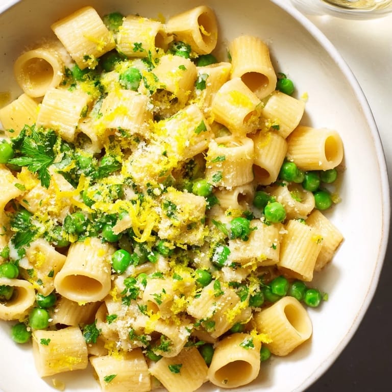 A vibrant plate of Garlic Butter Ditalini with Peas, ready to eat, with grated Parmesan sprinkled across.