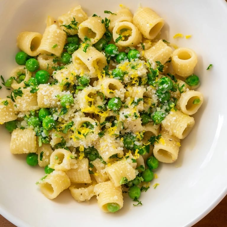 Close-up of a flavorful Garlic Butter Ditalini with Peas; the pasta glistens from the buttery garlic sauce.