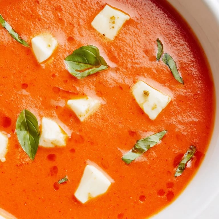 Close-up of a steaming Creamy Tomato Mozzarella Soup, showcasing melted mozzarella and rich tomato hues.