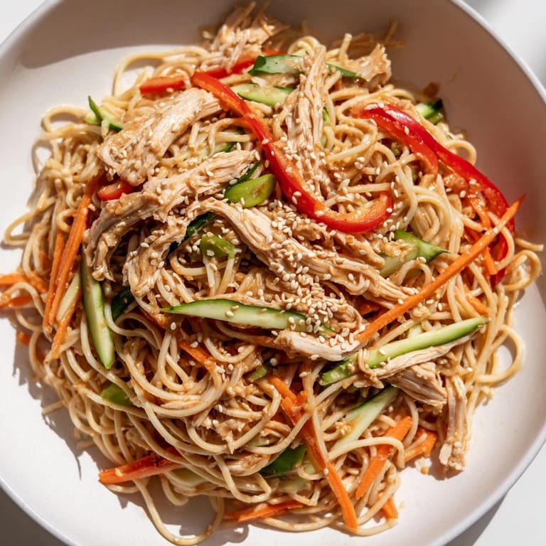 The prepared Chilled Chicken Noodle Salad features colorful vegetables and tender chicken, ready to eat.