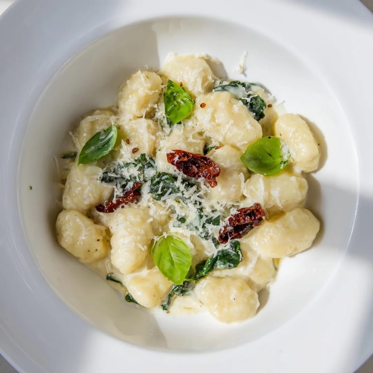 Vibrant image of hot Creamy Tuscan Gnocchi with basil garnishing, perfect for a cozy Italian dinner.
