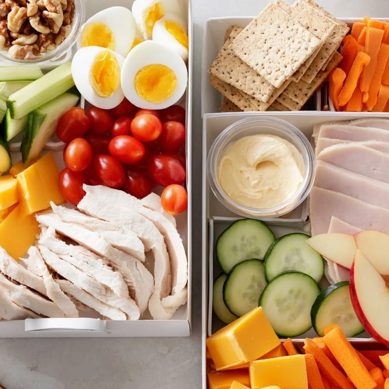 Protein Snack Boxes brimming with chicken, cheese, veggies, and hummus, perfect for a quick lunch.