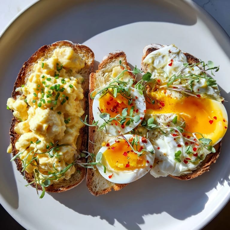 Imagine a flavorful Egg Flight Toast, with creamy scrambled egg, soft-boiled, and a fried egg.