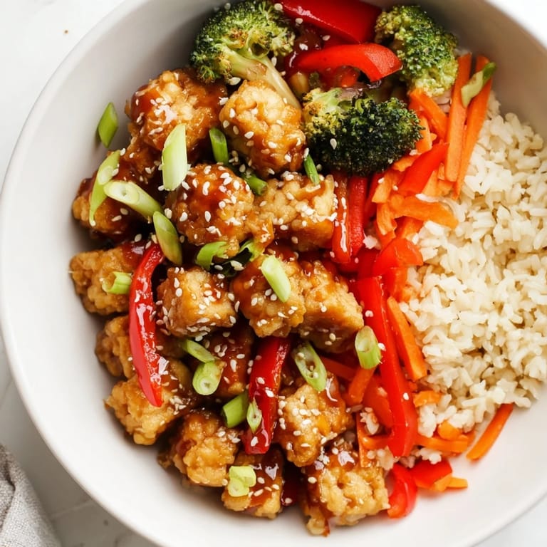 Aromatic Honey Garlic Tofu Bowls with fluffy rice, topped with sesame seeds, ready to eat!