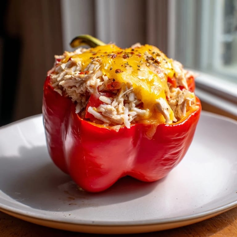 A close-up shot of baked Cheesy Chicken Stuffed Peppers, generously topped with melted, golden cheese.