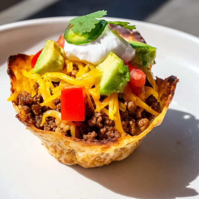 A close-up of cheesy mini taco cups with vibrant toppings, a flavorful appetizer anyone can make.
