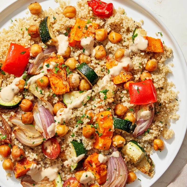 This delicious quinoa power salad is drizzled with creamy dressing, perfect for a healthy lunch.