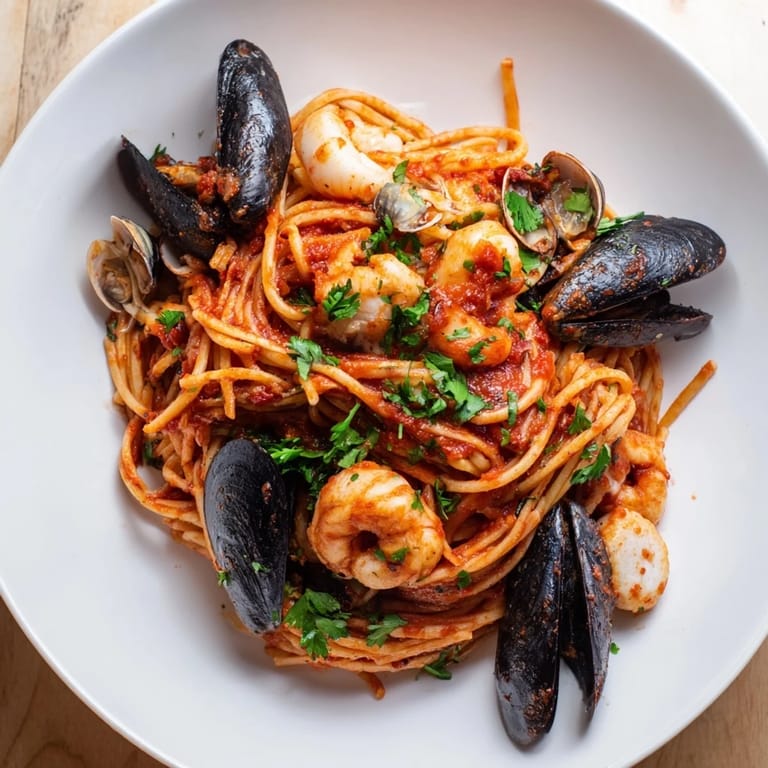 Freshly cooked Seafood Marinara Pasta, featuring tender seafood in a flavorful, classic Italian sauce.